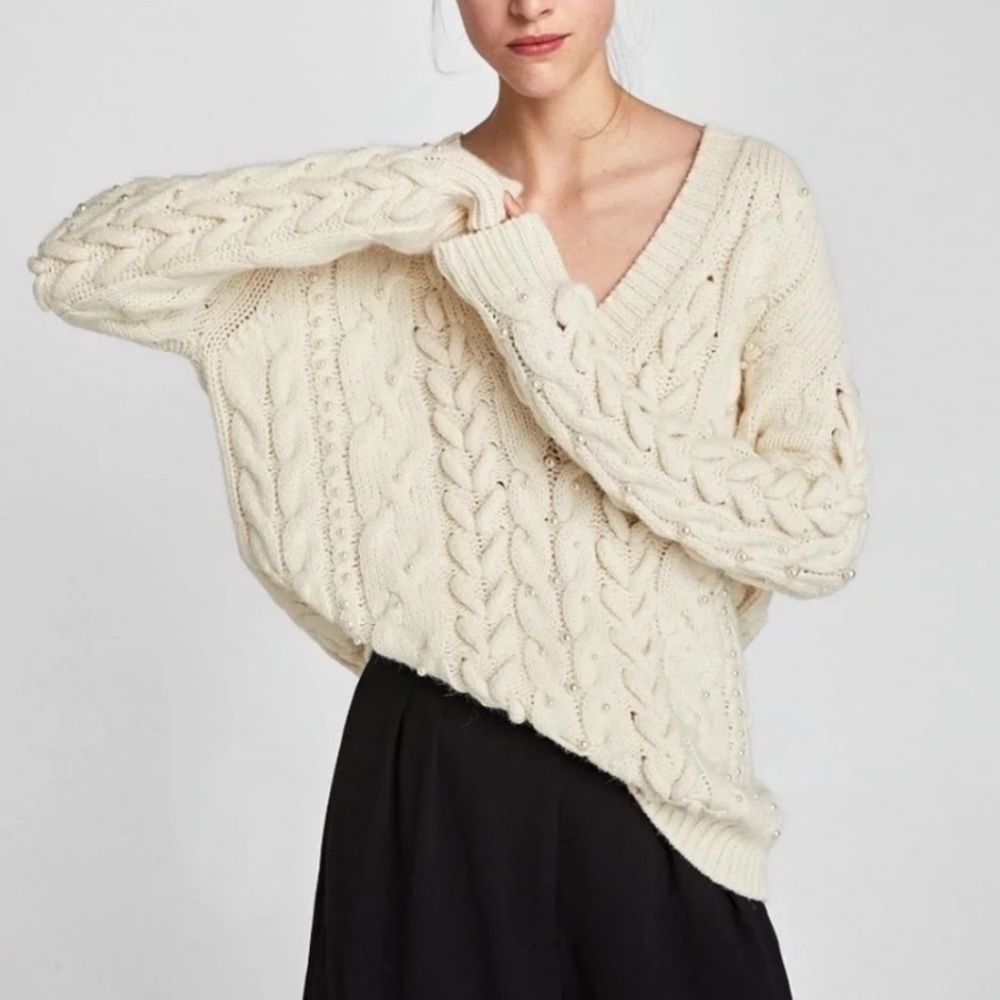 zara chunky cable knit sweater w/ pearls NWT